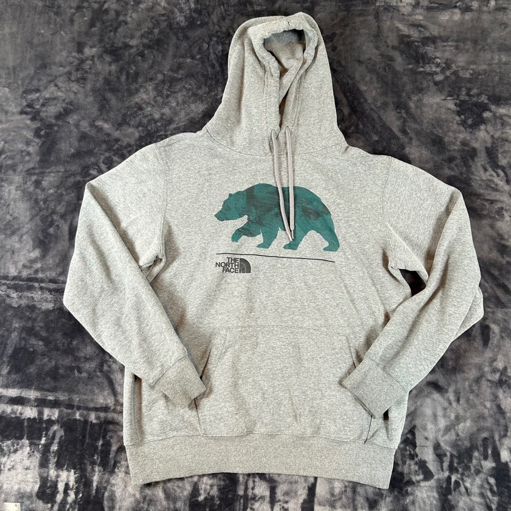 The North Face Hoodie Mens Medium Gray Grizzly Bear Graphic Pullover Sweatshirt